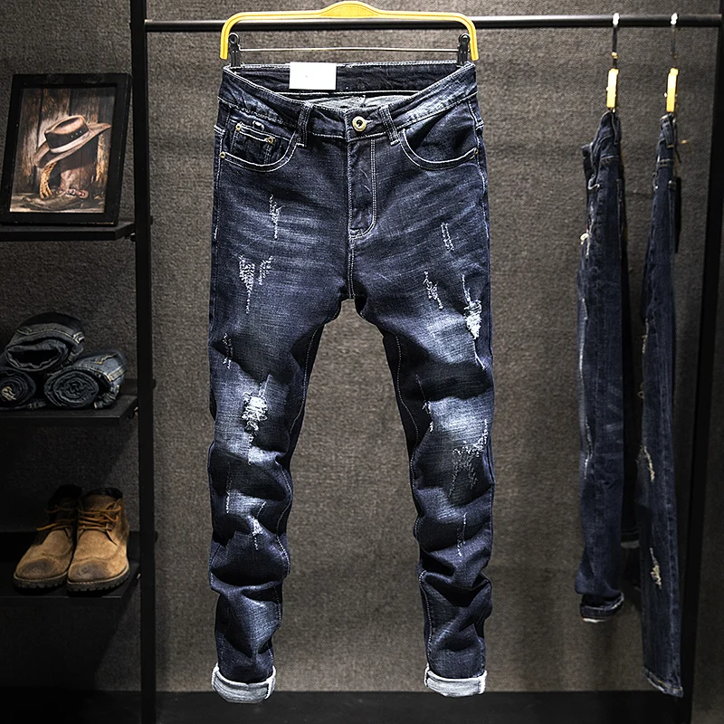 Męskie jeansy slim fit z dziurami, bawełniane spodnie denimowe w stylu koreańskim, elastyczne, uniwersalne, niebieskie, czarne, odzież męska, nowość 2025
