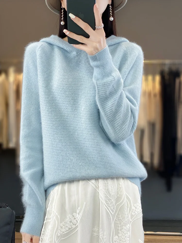 

Autumn Winter Women's 100% Mink Cashmere Pullover Sweater Long Sleeve Hoodie Cashmere Knitwear Soft Warm Korean Clothing Top