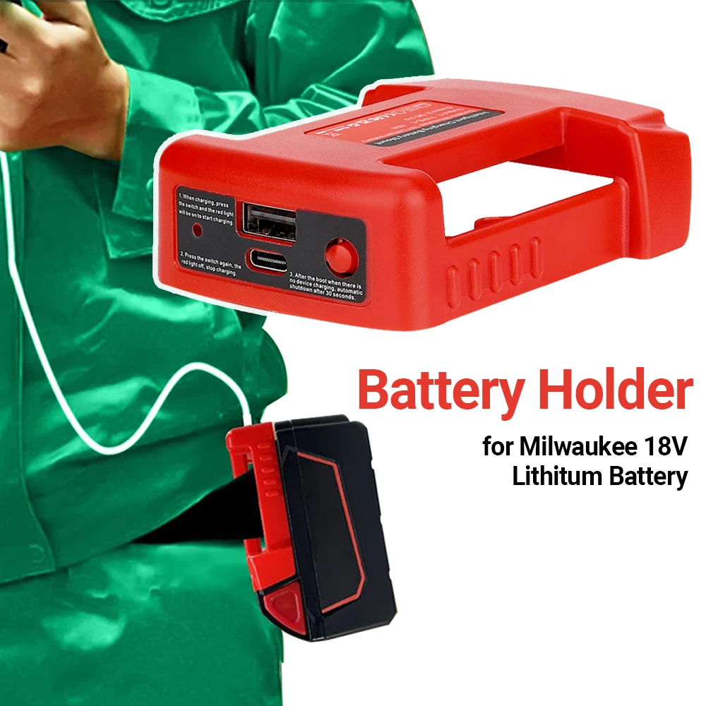 USB Charger Adapter for Milwaukee 18V Lithitum Battery Portable Type-C Port Fast Charging Battery Storage Rack Holder Case