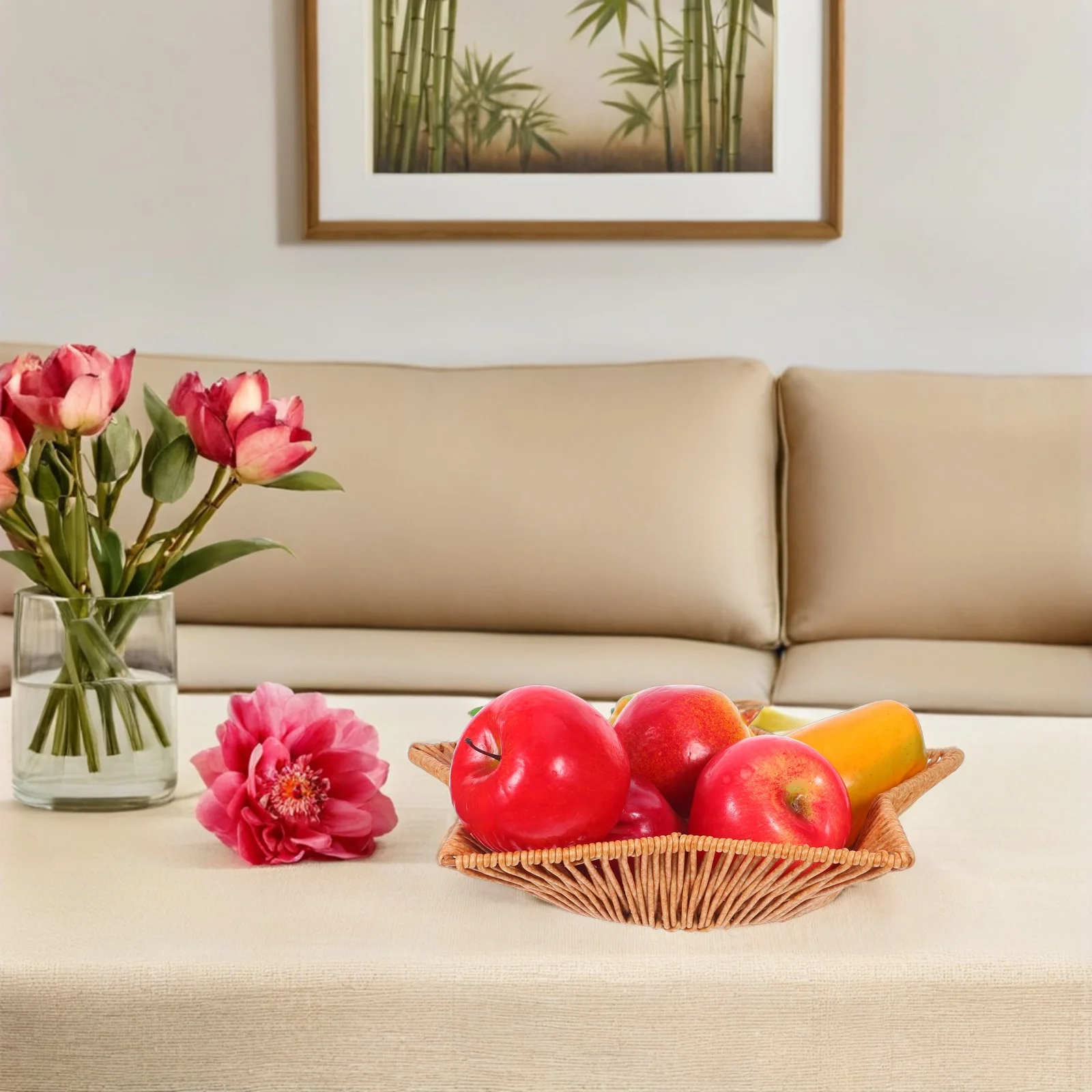 

Imitation Rattan Basket Beige Star Shaped Woven Snack Fruit Basket Lightweight Organizer for Kitchen Dining Table Storage