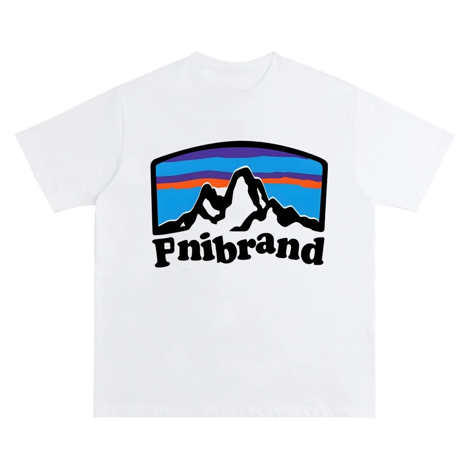 

PNIBRAND White Tee Color Stripe Mountain Design with Purple Blue Orange Gradient and PNIBRAND Text Urban Style