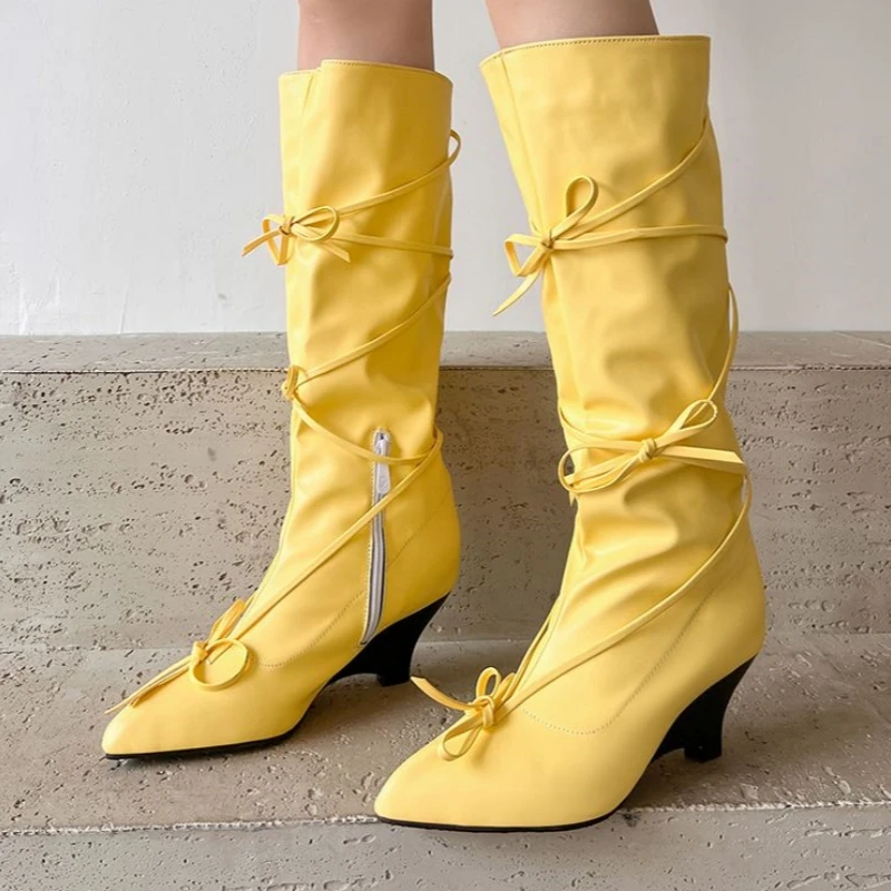 

ORCHALISA 2025 крутые модные сапоги до колена с бантом и острым носком на каблуке 6 см, обувь с ремешком, большой размер 47-48, Sweet Dating Bota
