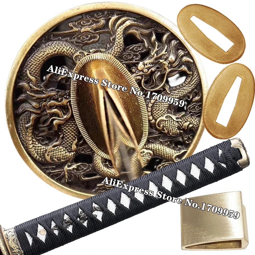 Two Dragon Tsuba Japanese Samurai Katana/Wakizashi Sword Guard Metal Fittings Set 26cm*Tsuka+Menuki+Fuchi+Kashira+Habaki+Seppa