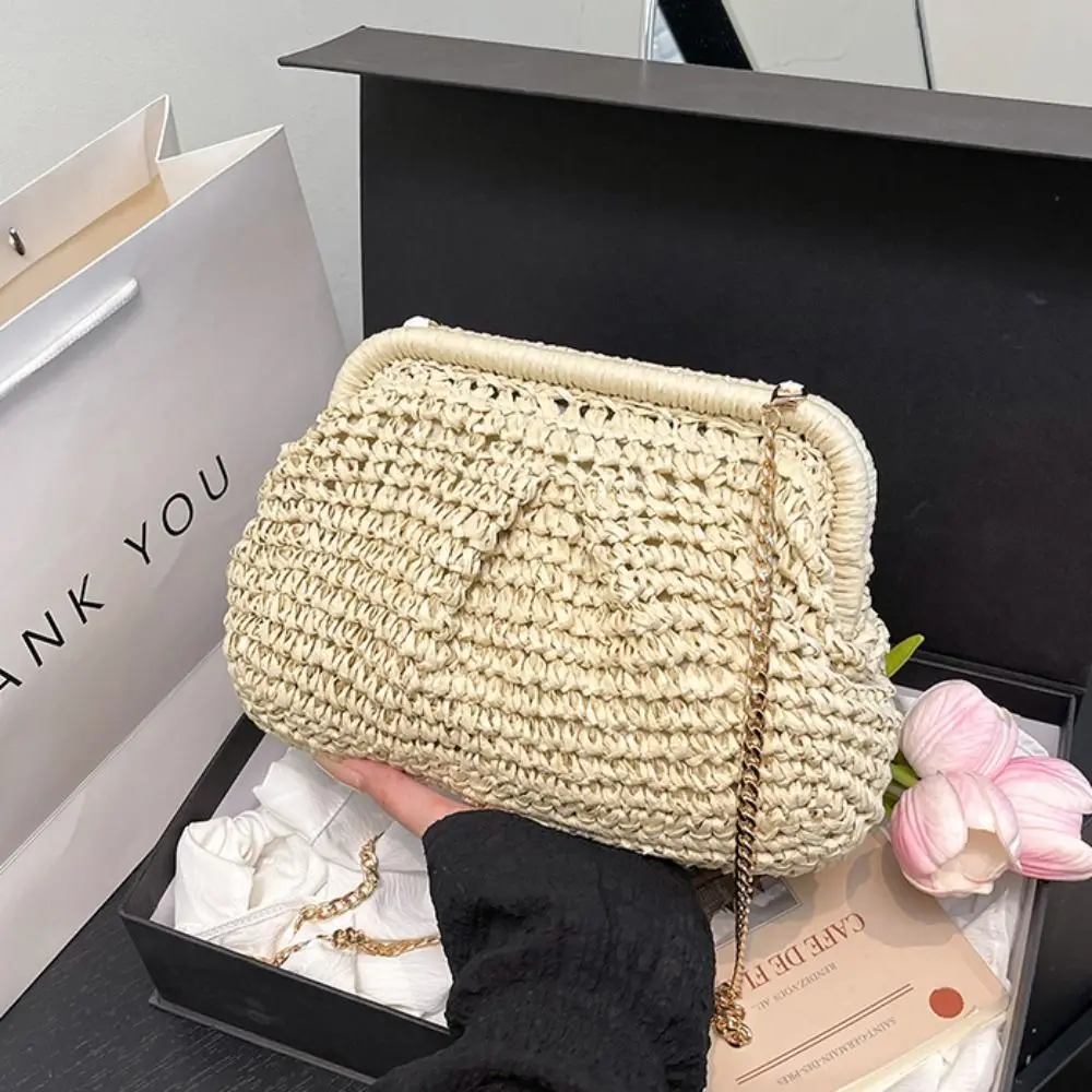 Bohemian Shell-shaped Weave Bag Hollowed Out Large Capacity Straw Shoulder Bag Handbag Chain Strap Chain Crossbody Bag Outdoor