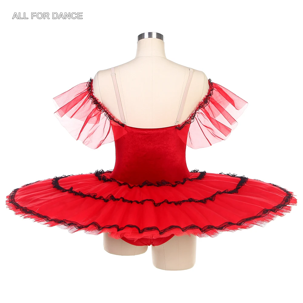 Bll428 fora do ombro ballet panqueca tutu vermelho veludo spnish tutu vestido 3 camadas ballet dança tutus para desempenho adulto