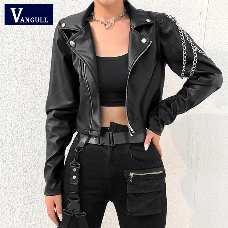 2024 women's short slim pu locomotive leather jacket, fashionable arm chain leather jacket