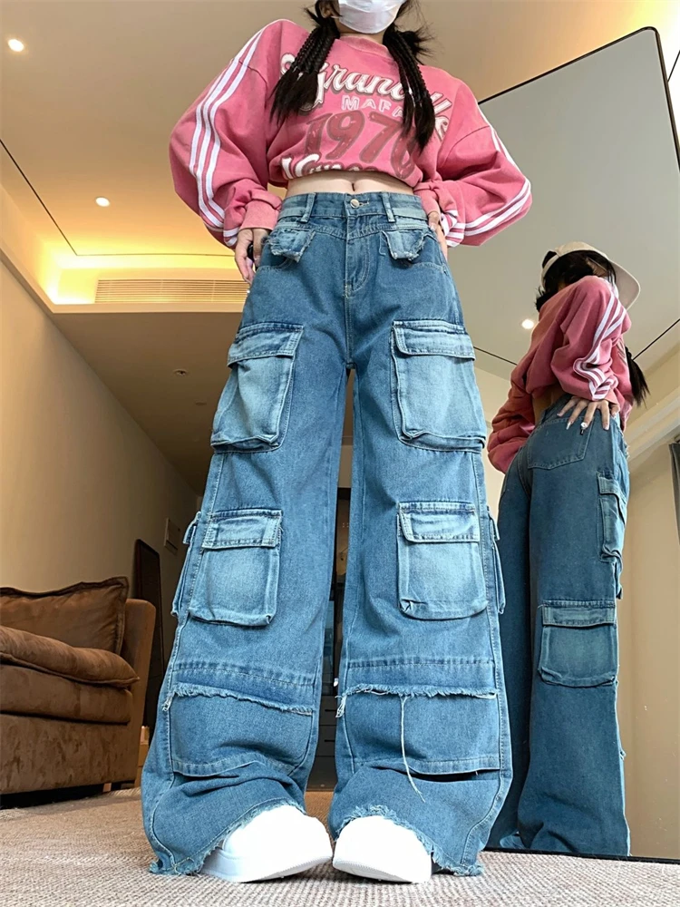 

Women's Multiple Large Pockets Streetwear Cargo Baggy Jeans Hiphop Cool Girl High Waisted Trouser Female Wide Leg Denim Pants
