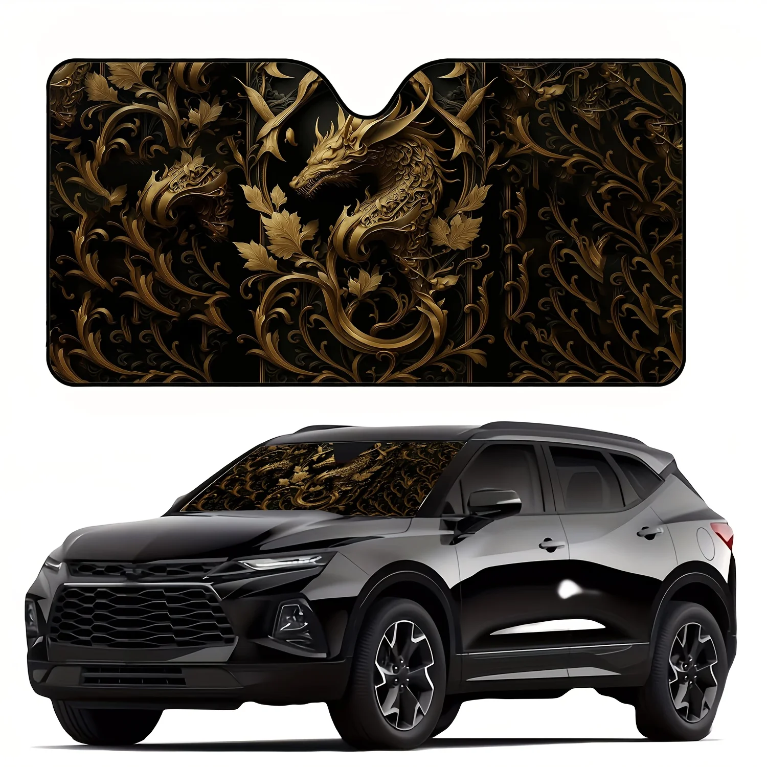 Oriental Mythical Dragon Pattern Car Windshield Sun Shade Gilded Vine Print Design UV Protection Stylish Easy to Install
