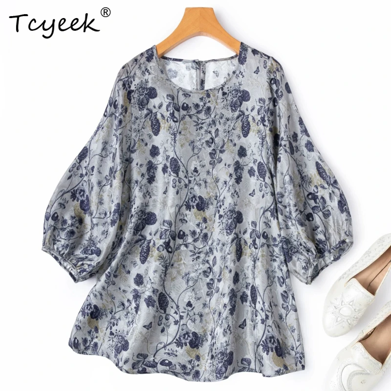 

Tcyeek 100% Real Silk Women Shirts 20MM Silk Lady Clothes 2026 Summer Graceful Breathable Loose Lantern-sleeve Top Tops De Mujer