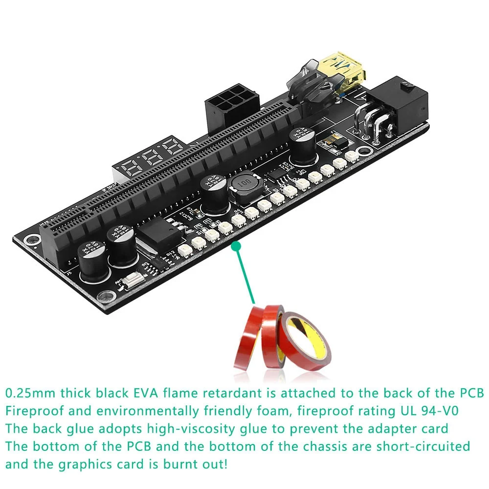 ABRI-PCIE Riser 1X To 16X Graphic Extension Card With 3.3V Digital Meter Display And 3528 Colorful LED For BTC Mining