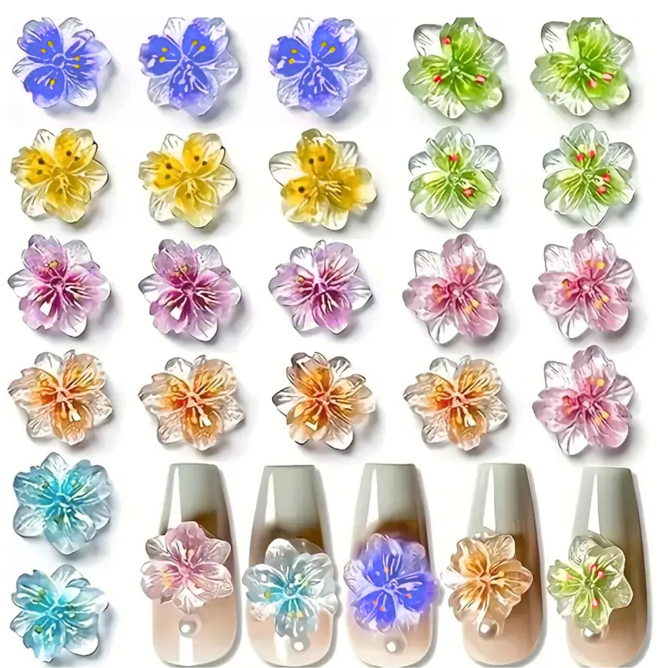 50Pcs(11mm) 3D Mixed Sakura Nail Charms Ice Translucent Florals Nail Art Rhinestones Cute Five Petal Flower Nail Art Decorations