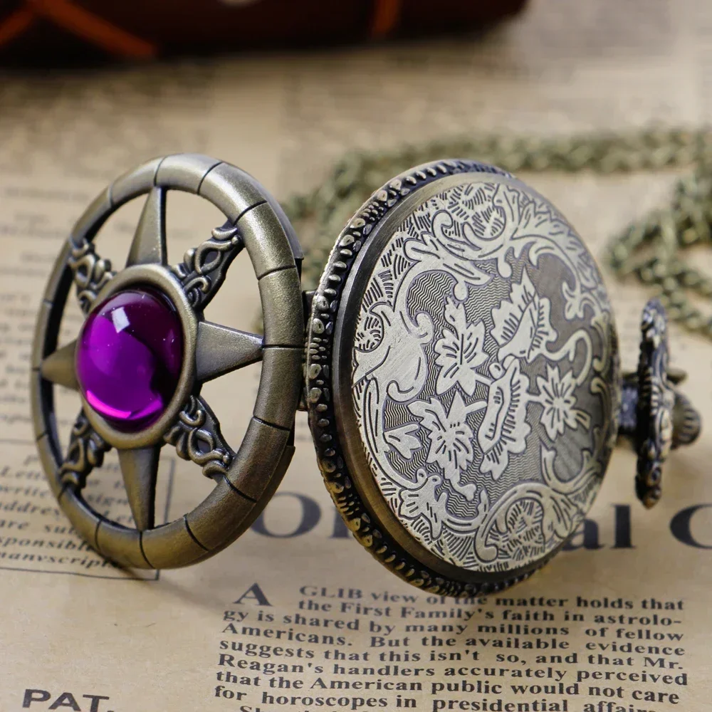 Antique Vintage Purple Gemstone Steampunk Pocket Watch Quartz Chain Clock Pendant Jewelry Timepiece Gift for Women Men