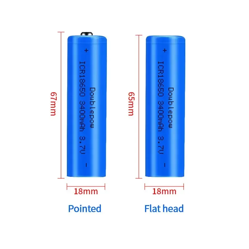 3400mAh Battery 18650 Rechargeable Batteries 3.7V Flat/Pointed Lithium Ion Icr18650 for Torchlight  Headlamp Fan +USB Charger