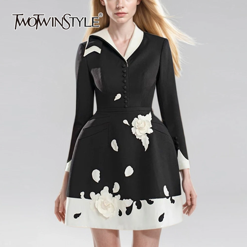 

TWOTWINSTYLE Elegant Colorblock Spliced Appliques Dress For Women Lapel Long Sleeve High Waist Formal Dresses Female SDR068420