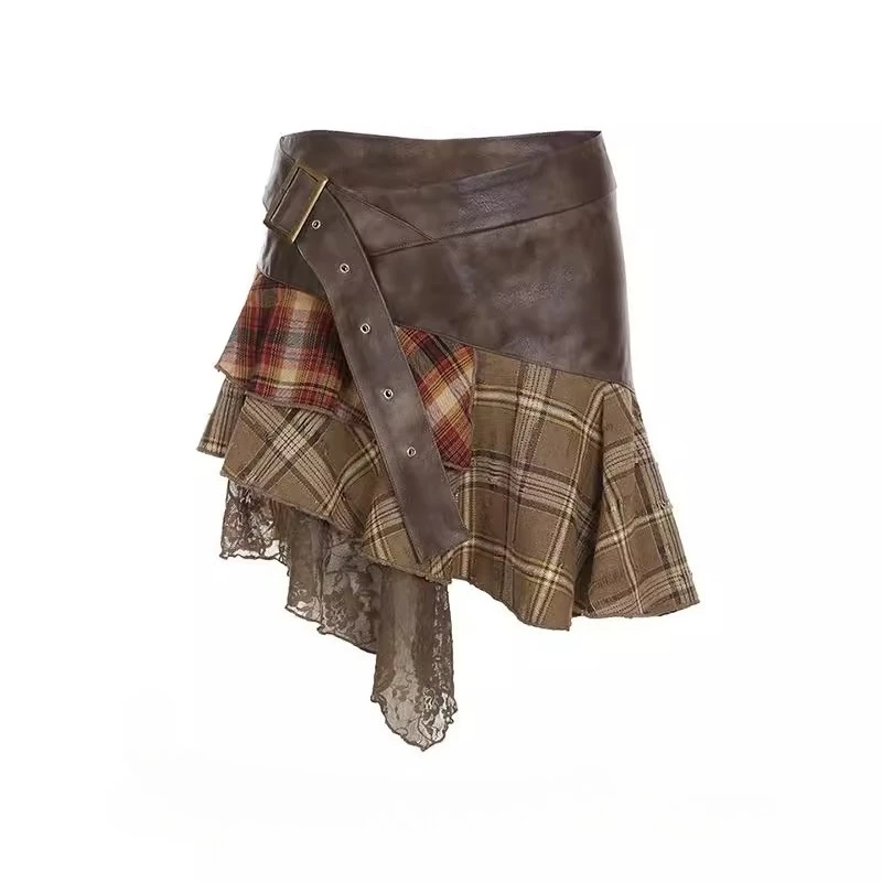 

American retro design plaid PU leather lace skirt
