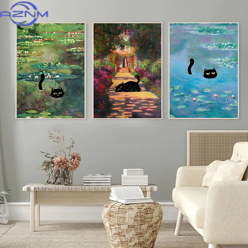Famous Paintings Mona Lisa Starry Night With Funny Black Cat Poster Canvas Painting Sunflower Reproduction Wall Art Home Decor