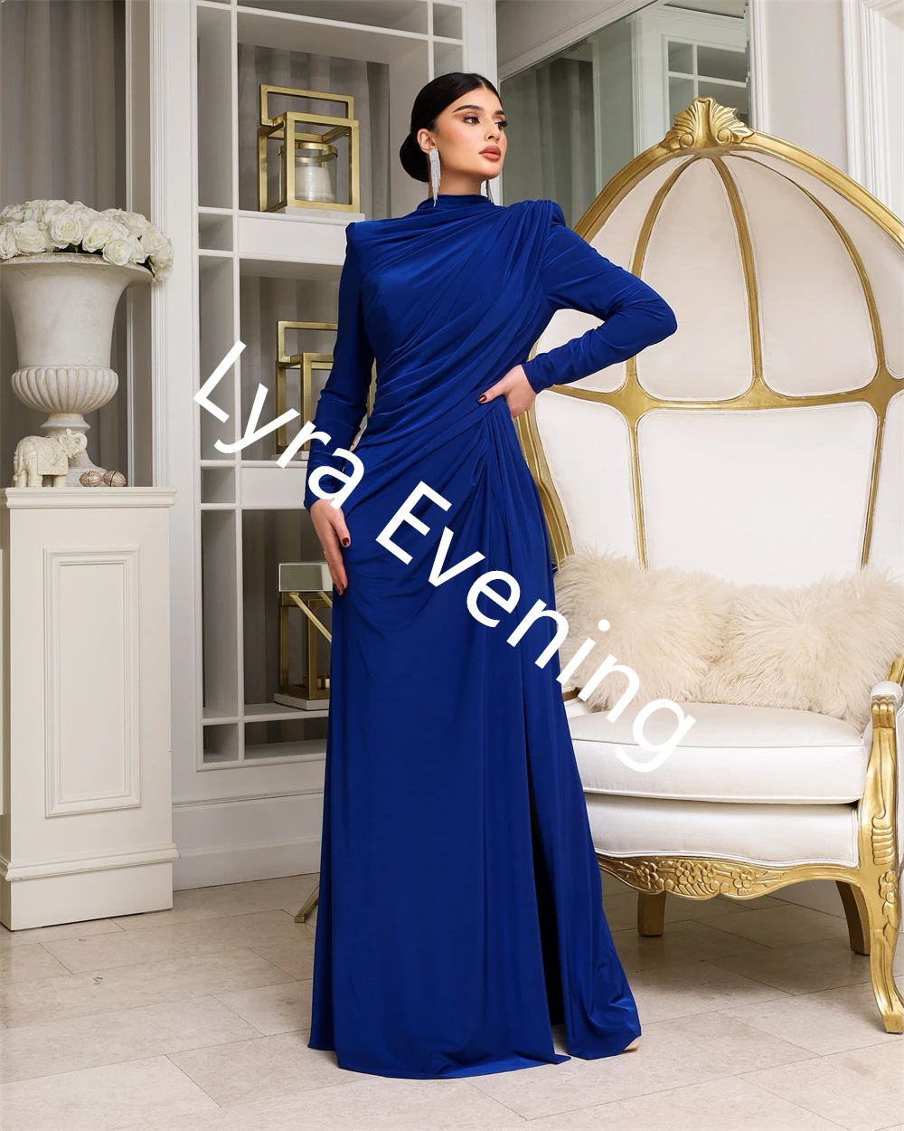 Customized High Quality Navy blue Satin Evening Dress High Collar Long Sleeves Celebrity Gowns Flowers Special Occasion Gowns