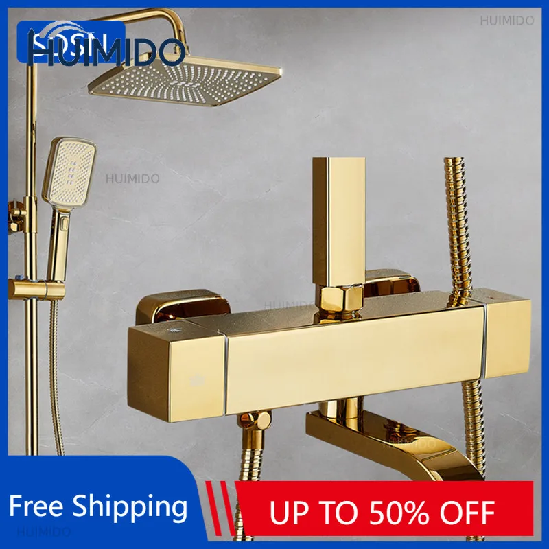 Square Thermostatic Bathroom Shower Set Quality Brass Hot Cold Gold Bathroom Shower System 12 Inch Rain Shower Sprinkler Head