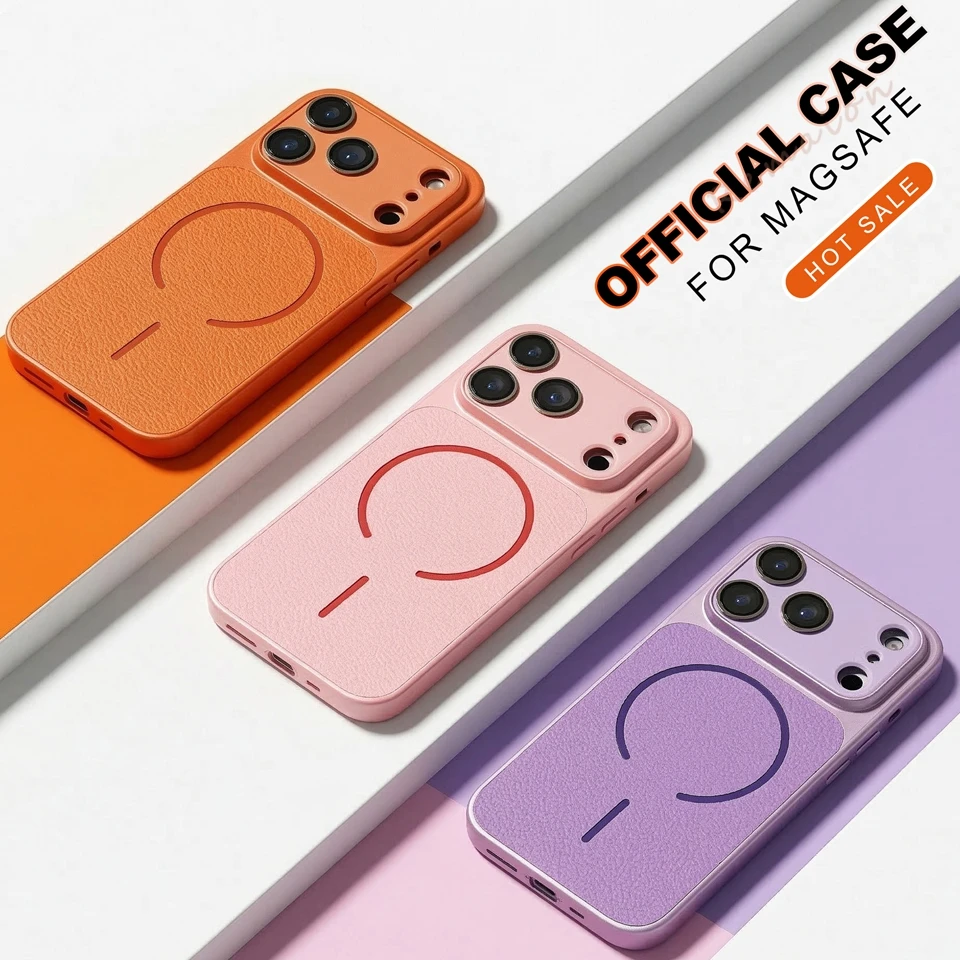 

2026 Magnetic Official Leather Phone Case For iPhone 17 13 14 15 16 Pro Max Air 15 16 14 Plus Magsafe Shockproof Protector Cover