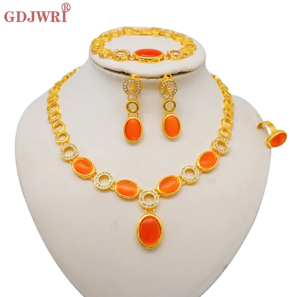 Luxus Dubai Gold Farbe Doppels chicht Halskette Schmuck Sets für Frauen afrikanischen Wasser tropfen Kristalls chmuck indischen Set Geschenke – Detail 27