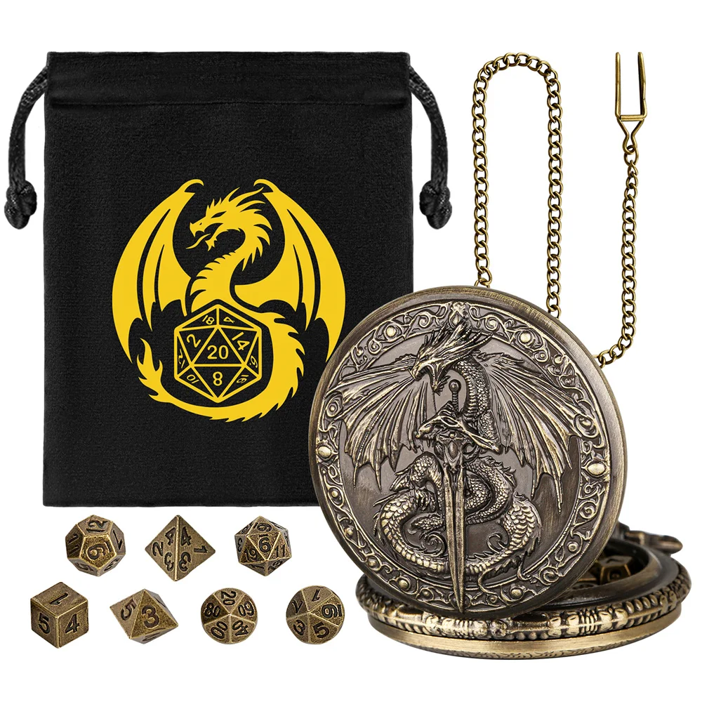 Бронзовый/серый, черный меч, дракон, карманный чехол для часов, мини-набор кубиков, развлекательная игра, игральные кости, роман, ретро-подарок для любителей кубиков Бронзовый/серый, черный меч, дракон, карманный чехол для часов, мини-набор кубиков, развлекательная игра, игральные кости, роман, ретро-подарок для любителей кубиков