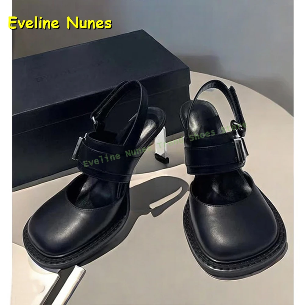 Women's Black Square Toe Buckle Slingback Mule Heels Thick Sole Back Strap Mary Jane Sandals for Daily Casual Dating Summer