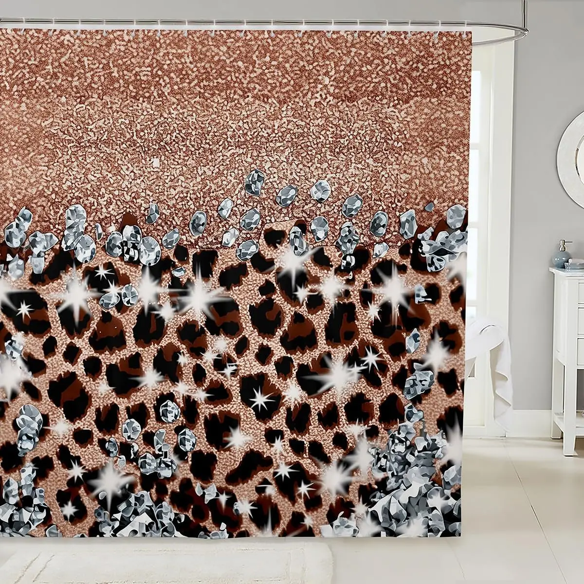 

Leopard Print Glitter Shower Curtain Rose Gold Diamond Pattern Glamour Bathroom Decor Linen180x230