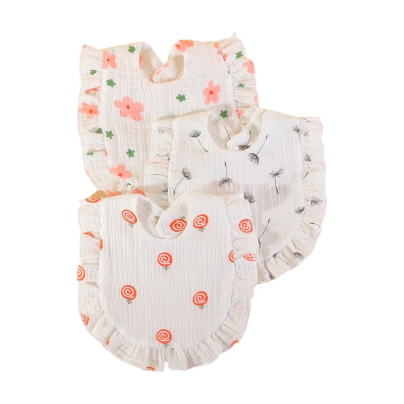 Infant Teething Bib Baby U-shape Ruffle Bibs Unisex Neck Scarf Thick Cotton Burp Cloth Breathable Bibs for Drooling 3pcs