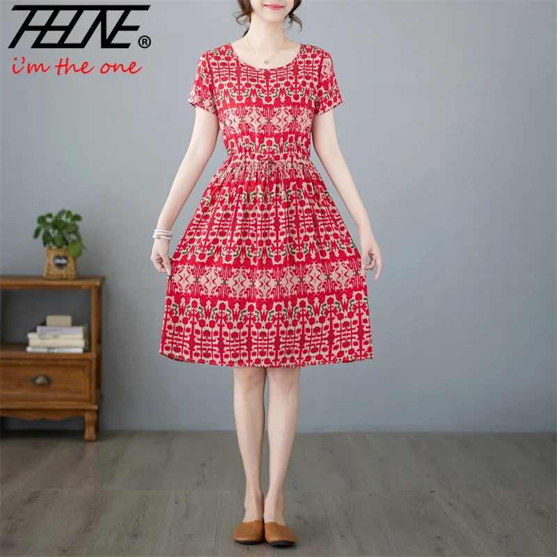 THHONE Summer Dress for Women Floral Casual Print allentato Vintage Draw String Robe elegante Mini New in Dresses Vestido Feminino