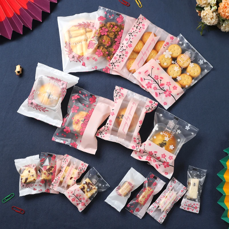 ヌガー-プラスチック包装袋,クッキーバッグ,キャンディーマシン用シーリングバッグ,手作りクッキー包装,桜柄,100個