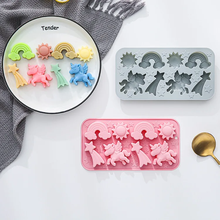 

8-полосный единорог, солнце, радуга, метеор, силиконовая форма, форма для помадки, конфет, шоколада, форма для выпечки, ледяная сетка, смоляная форма, инструменты для украшения торта