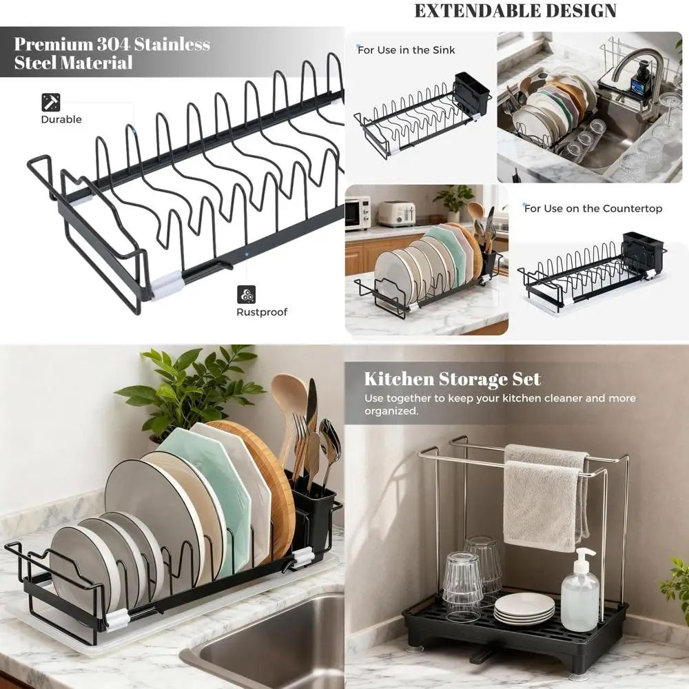 

Кухонная полка для посуды 2-в-1 из нержавеющей стали с органайзером для раковины и сливной доской, черная сушилка на столешнице с подстаканником