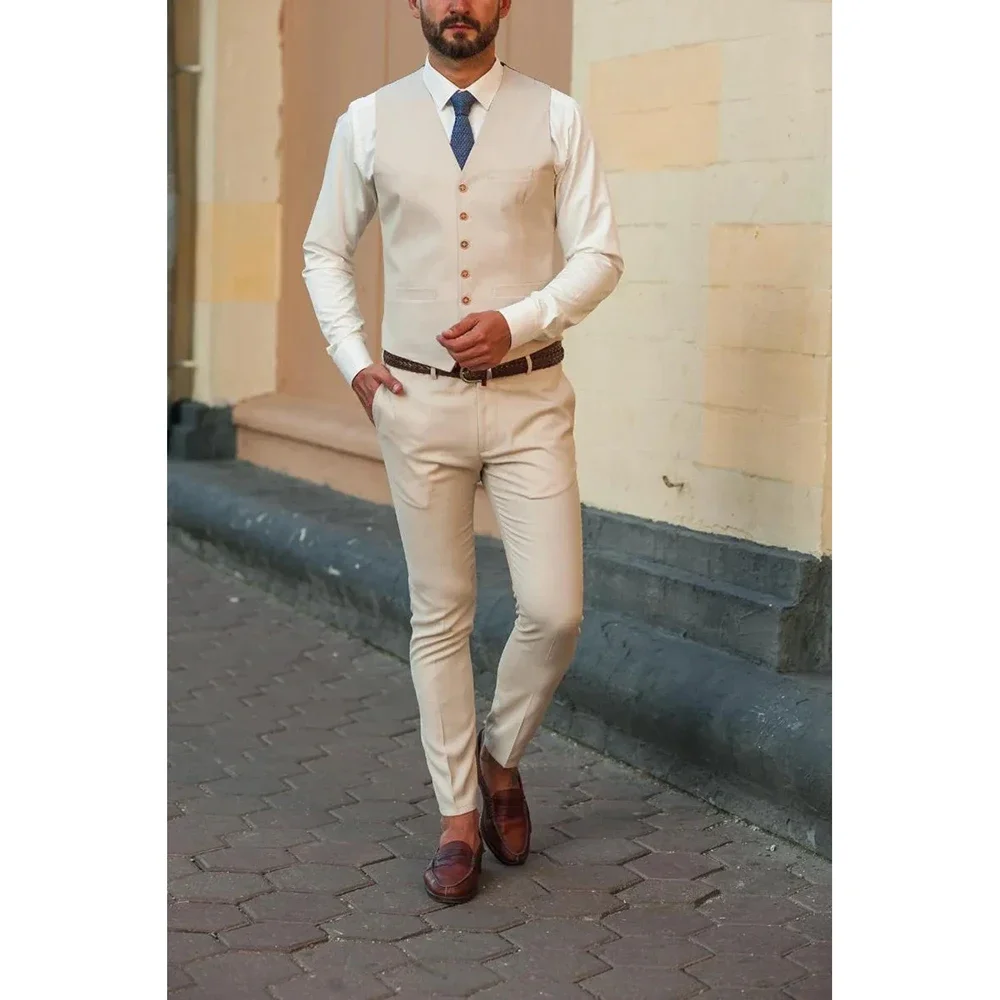 Homens Single Breasted Slim Fit Fatos Bege, Notch Lapel, Jaqueta Skinny, Calças, Colete, Casamento, Roupas de Noivo, Terno Elegante, 3 Peças, 2024