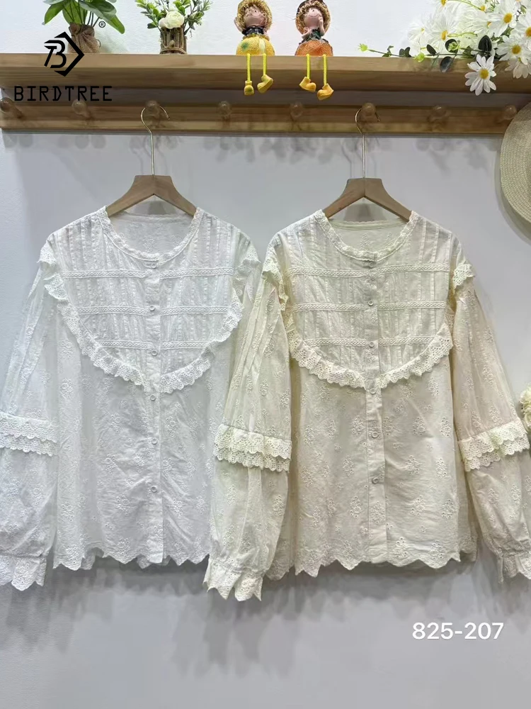

New 2025 Autumn Cotton Long Sleeve Shirt, Women O Neck Embroidery Lace, Mori Girl Age Reduction Versatile Loose Blouse T58625CC