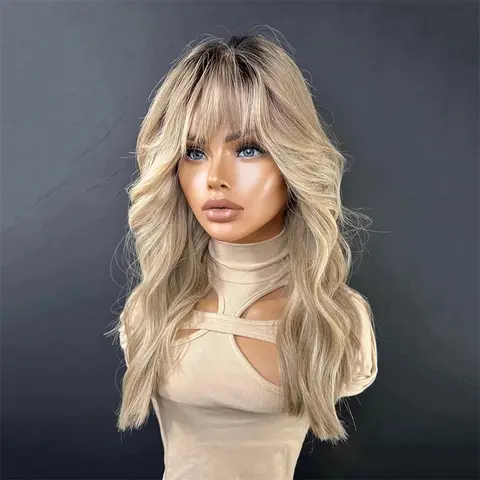 커튼 앞머리 가발, 섹시한 탄력 블로우 아웃 레이스 부분 가발, 레이어드 무접착제, 데일리 웨어, 금발 애쉬 루트 발라야지, 스톤키