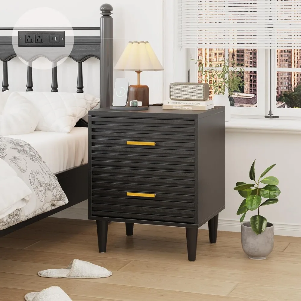 

Night Stand with Charging Station, Bedside Table with 2 Drawers, Mid Century Modern End Table, Bed Side Table with USB Ports and