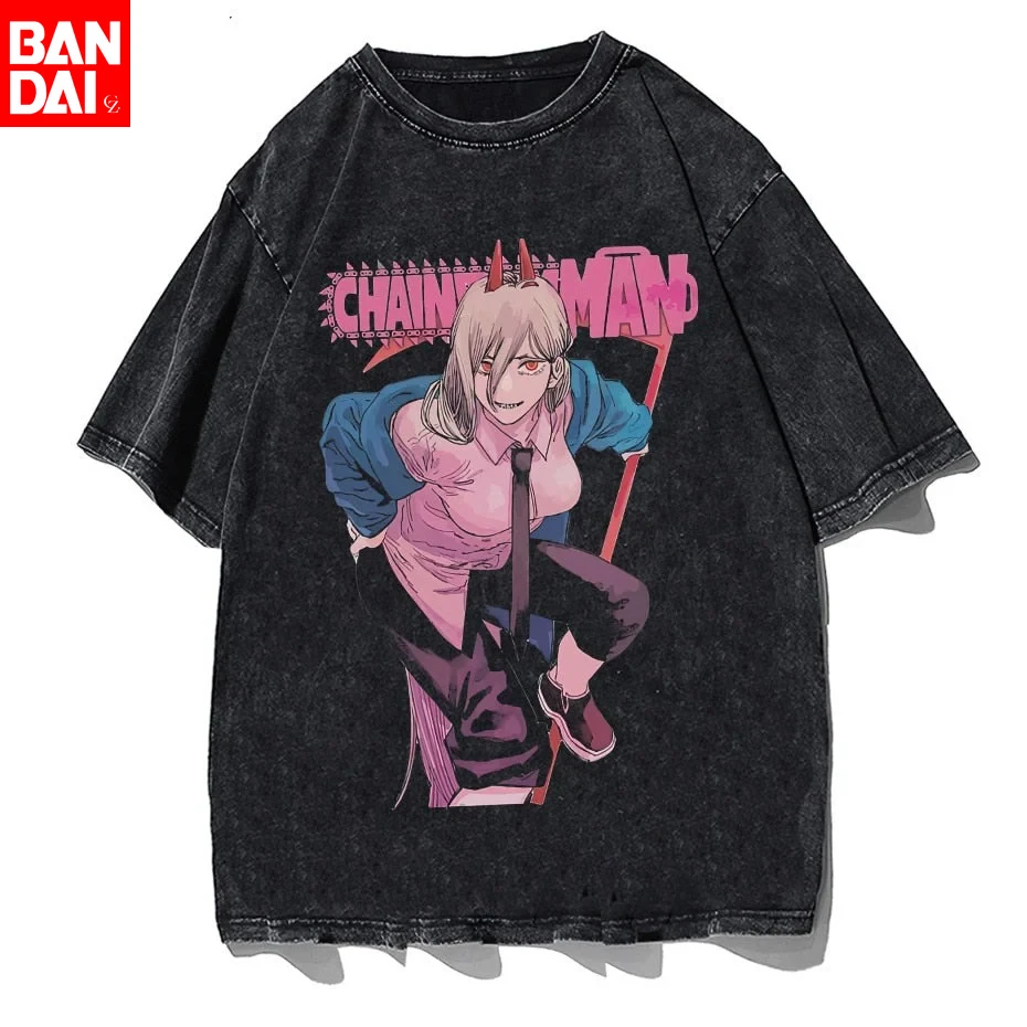 Chainsaw Man Power Anime T-Shirt 2026 Sommer Vintage Washed Black Unisex Loose Fit Kurzarm Metall-Grafik-T-Shirt