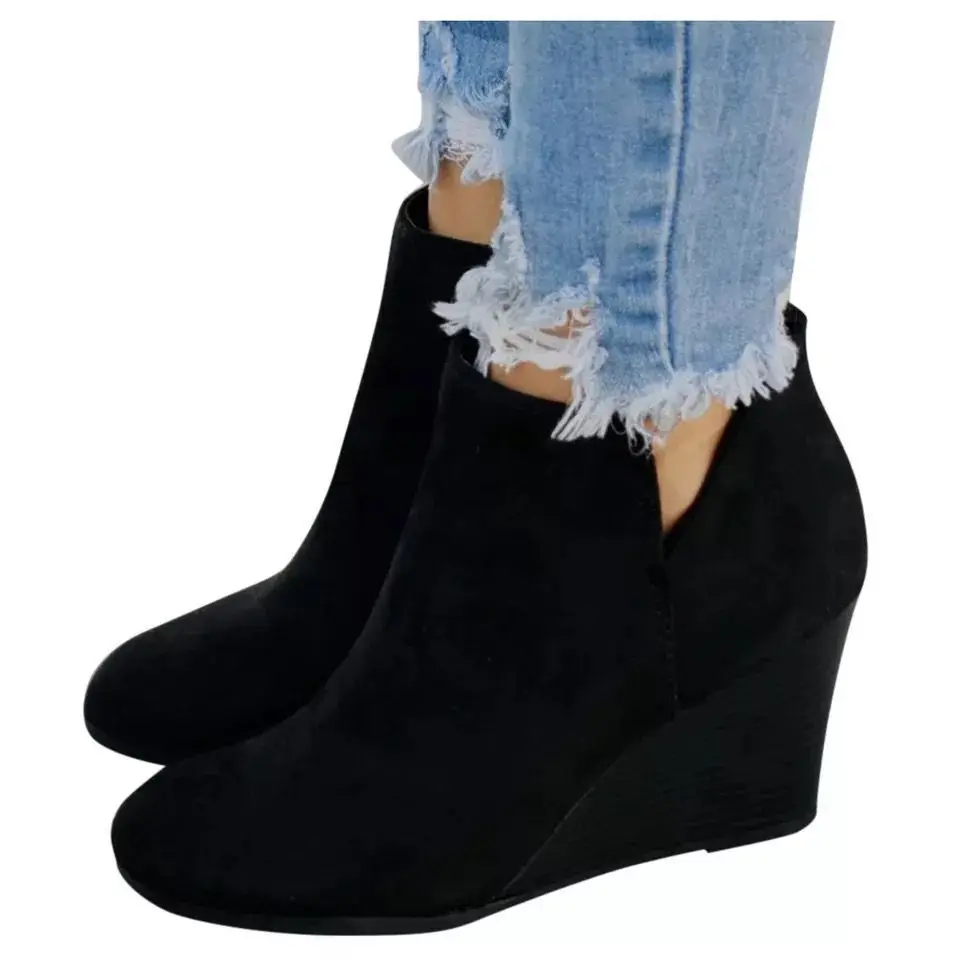 2024 New Women Pumps Boots High Quality Lace-up European Ladies Shoes PU High Heels Boots Plus Size 42 43 Wedge Heel Boots