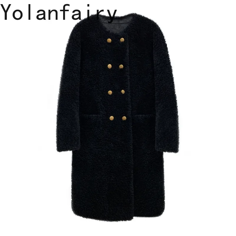 YOLANFAIRY-Manteau long en laine de mouton australienne pour femme, 100% véritable, OutChester, style adt, fourrure composite, décontracté, hiver