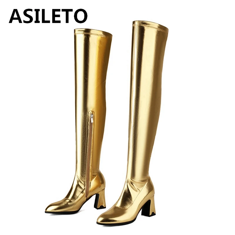 

ASILETO новые зимние осенние сапоги выше колена 8 см на массивном каблуке с круглым носком кожаные до бедра модные большие размеры 48 US17