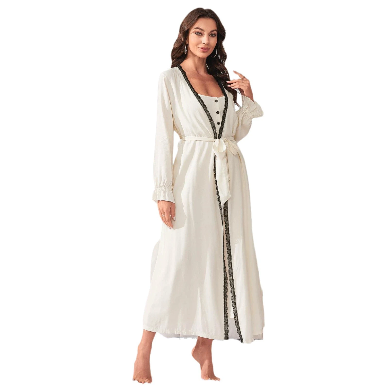 Women Nightgown Set Solid 2PCS Front Button Slip Dress&Lace Trim Ruffle Long Sleeves Belt Robe Suit Female Spring New Sleepwear