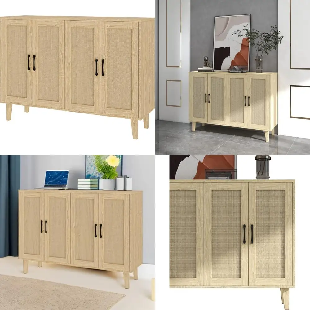 خزانة بوفيه بانانا مزينة بالروطان مع 4 أبواب لغرفة المعيشة والمطبخ، لمسة نهائية من الخشب الطبيعي، 48.43 × 34.65 × 15 #1