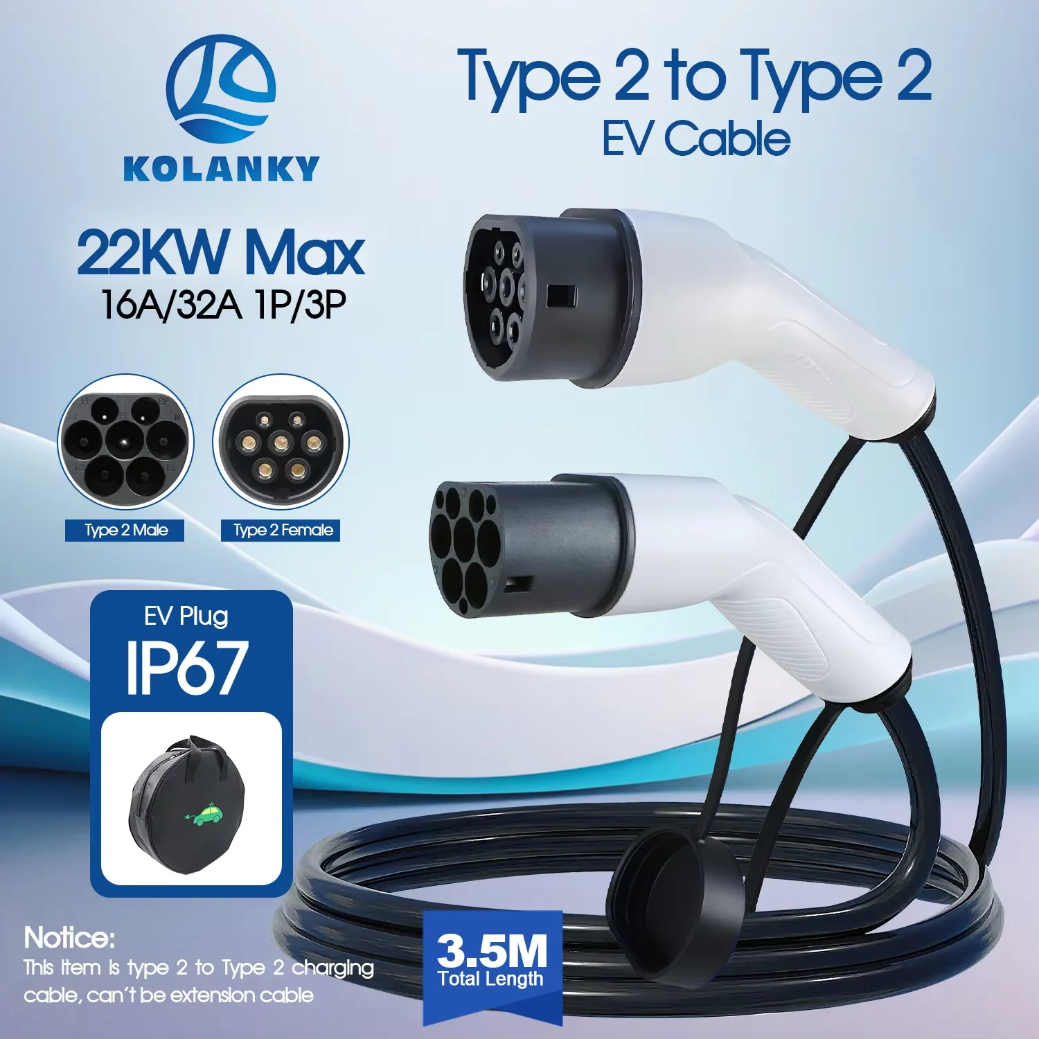 

Кабель для зарядки электромобилей Kolanky Type 2 - Type 2, 22 кВт макс., IEC 62196-2, для электромобилей на общественных зарядных станциях