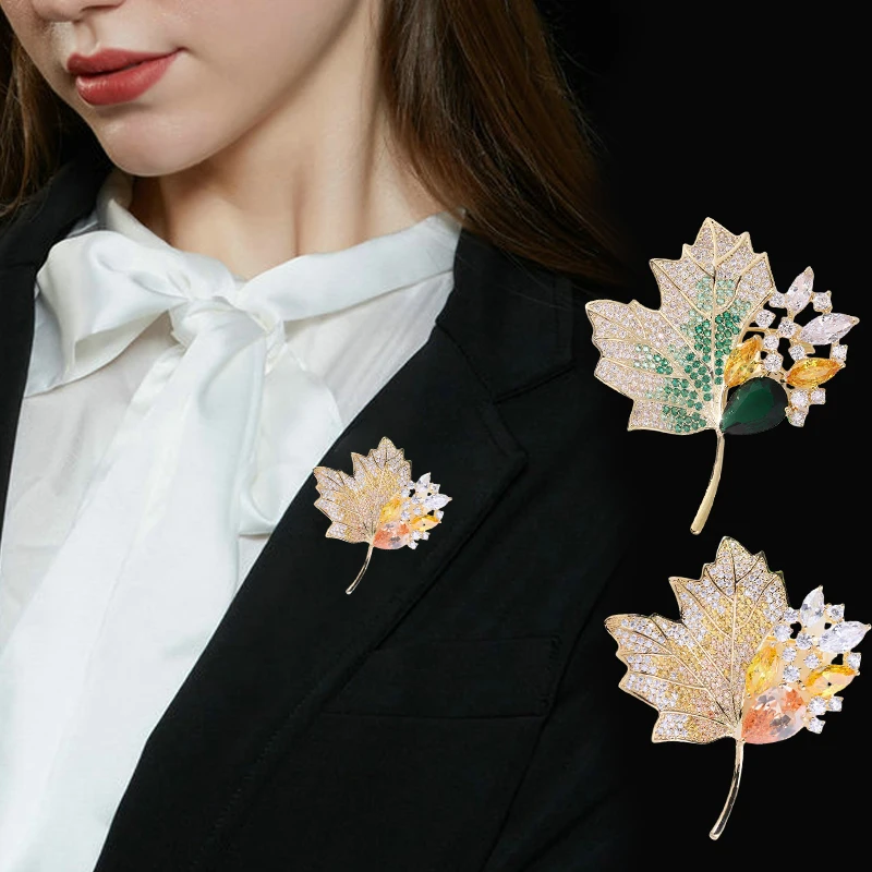 Luxury Maple Leaf Brooch High-end Full Rhinestone Plant Pins For Women Suit Coat Sweater Accessories Party Jewelry Gift