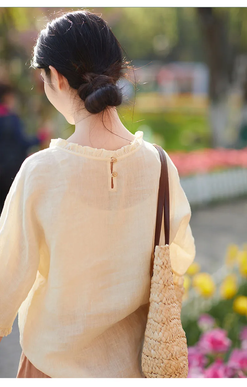 Natural Linen Lady's T-shirt with Three-quarter Sleeve Round Neck Hooded Top for Summer Casual Wear Comfortable Cool