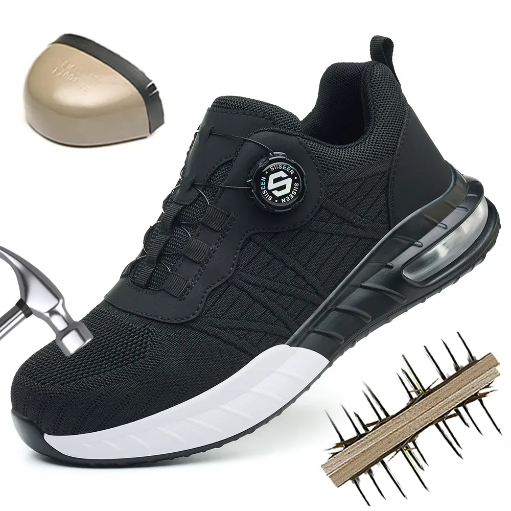 Steel Toe Safety Shoes Men Rotary Buckle Anti-smash Anti-puncture Safety Work Boots Air Cushion Non-slip Industrial Sneakers