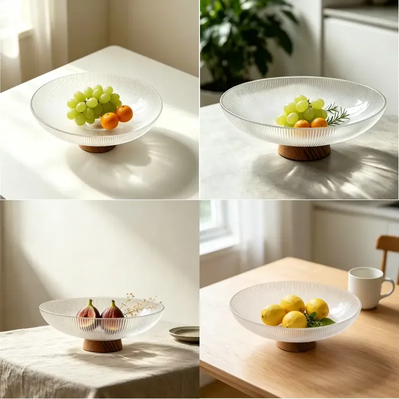 Transparent striped glass fruit plate with wooden base, tall decorative plate, suitable for placing snacks and table