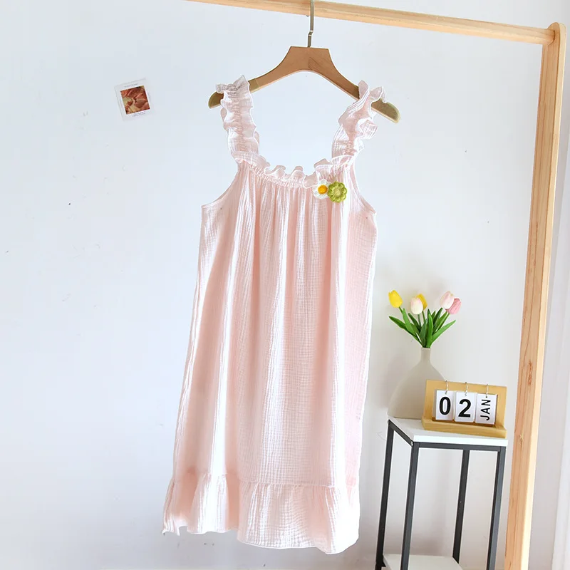 2024 summer new women\'s suspender nightdress 100% cotton crepe thin style solid color floral vest skirt home skirt sleepwear