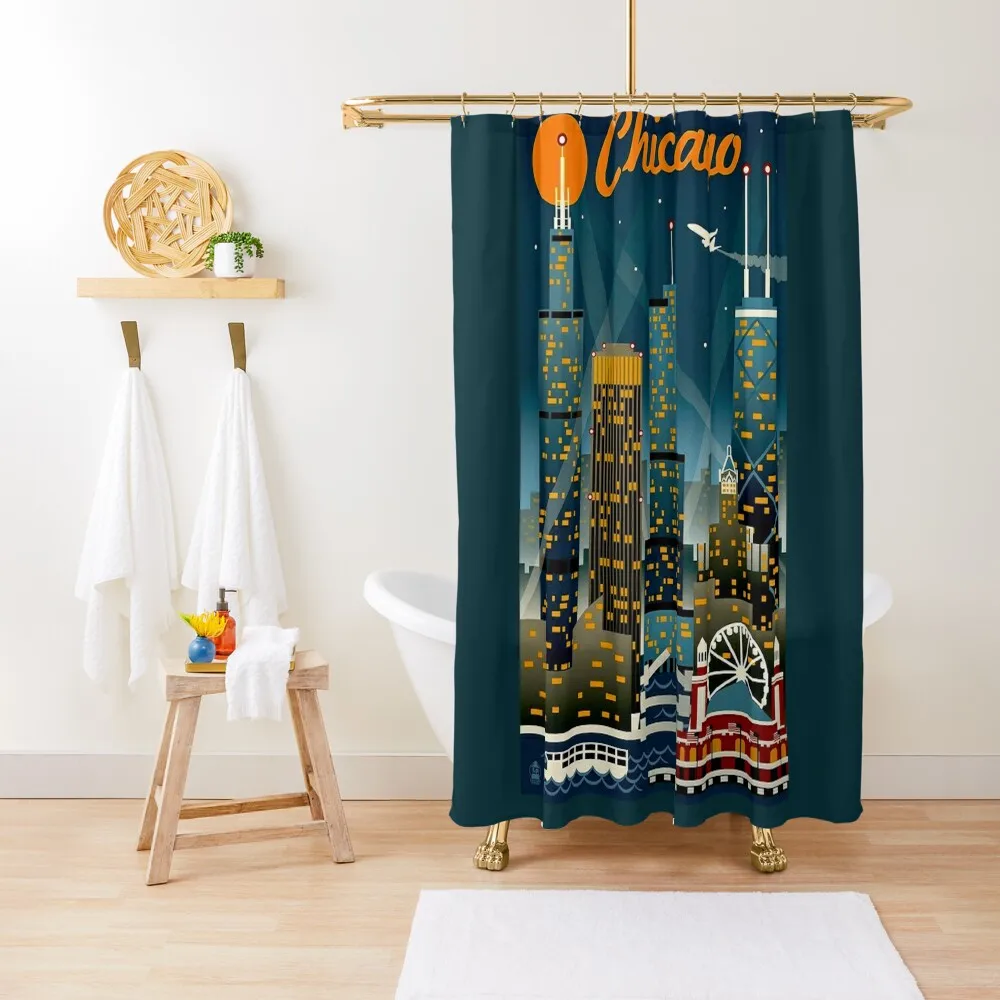 

CHICAGO ; Vintage Travel Advertising Print Shower Curtain Anime Bathroom Shower Set For Bathroom Anime Shower Curtain
