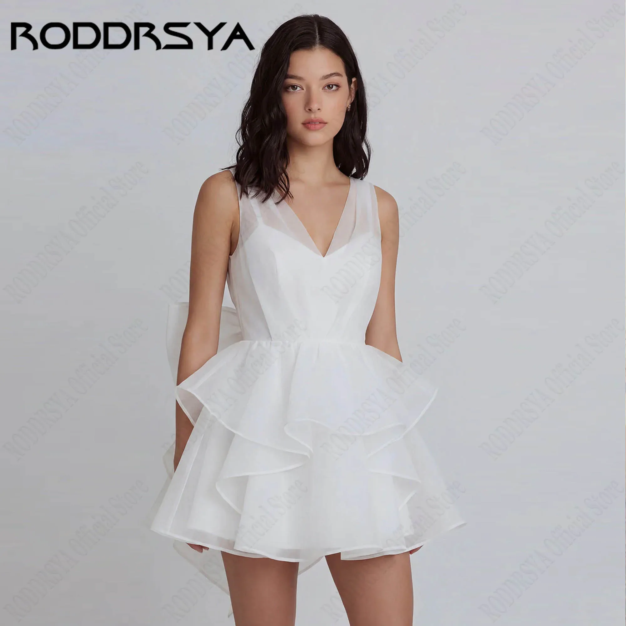 RODDRSYA White Mini Wedding Dress V-Neck Backless Big Bow Organza Ruffle Skirt Bride Shower Gown Simple vestido novia Customized